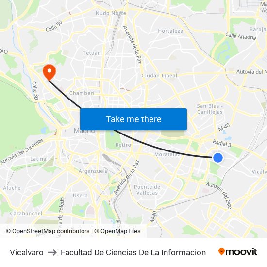 Vicálvaro to Facultad De Ciencias De La Información map