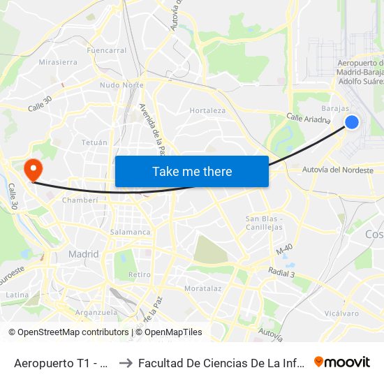 Aeropuerto T1 - T2 - T3 to Facultad De Ciencias De La Información map