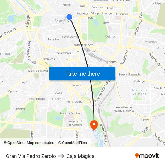 Gran Vía Pedro Zerolo to Caja Mágica map