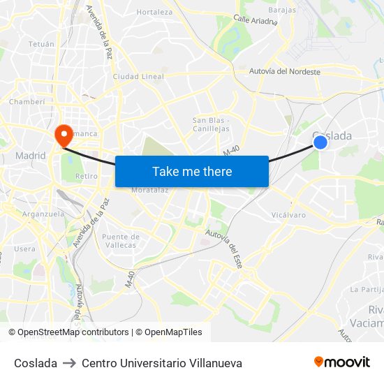 Coslada to Centro Universitario Villanueva map