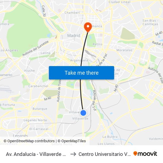 Av. Andalucía - Villaverde Bajo Cruce to Centro Universitario Villanueva map