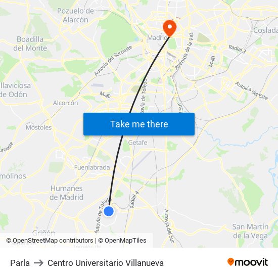 Parla to Centro Universitario Villanueva map