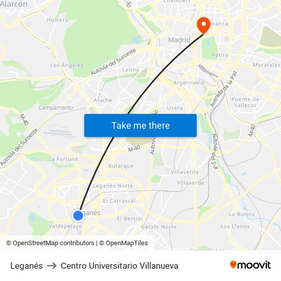 Leganés to Centro Universitario Villanueva map