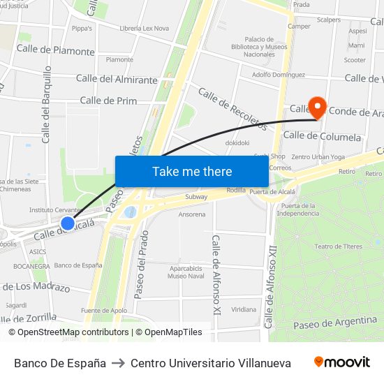 Banco De España to Centro Universitario Villanueva map