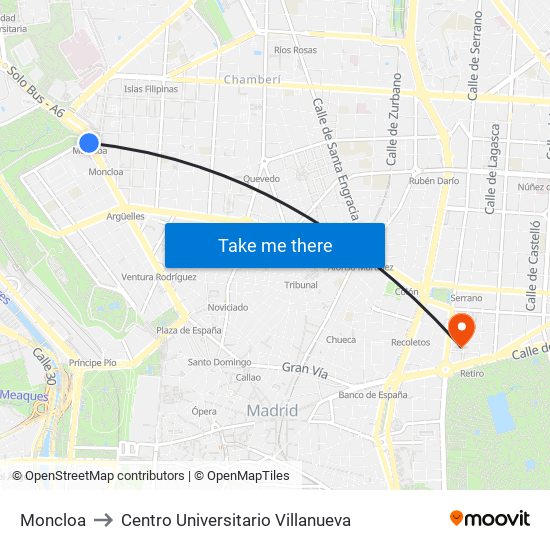 Moncloa to Centro Universitario Villanueva map