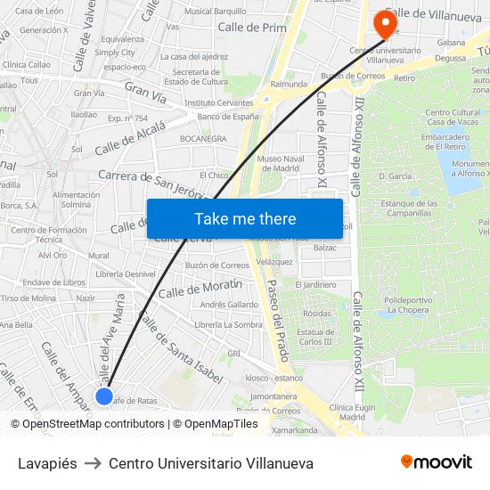 Lavapiés to Centro Universitario Villanueva map
