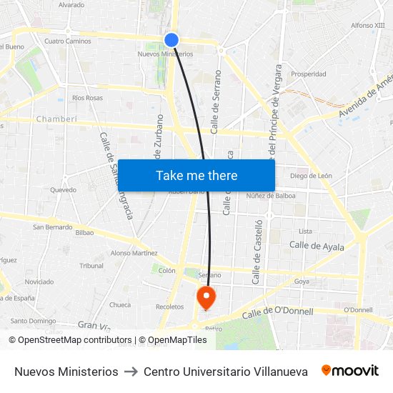 Nuevos Ministerios to Centro Universitario Villanueva map
