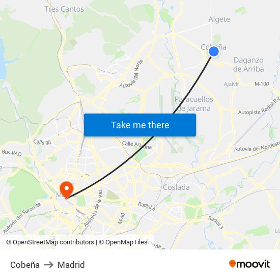 Cobeña to Madrid map