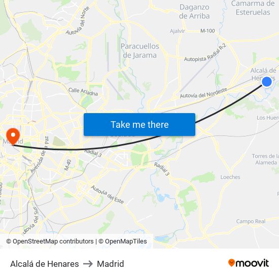 Alcalá de Henares to Madrid map