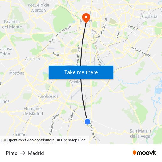 Pinto to Madrid map