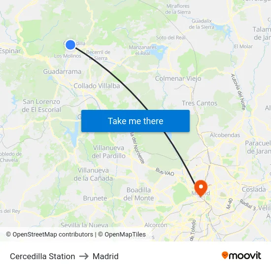 Cercedilla Station to Madrid map