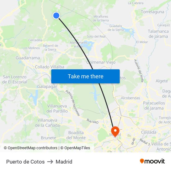 Puerto de Cotos to Madrid map