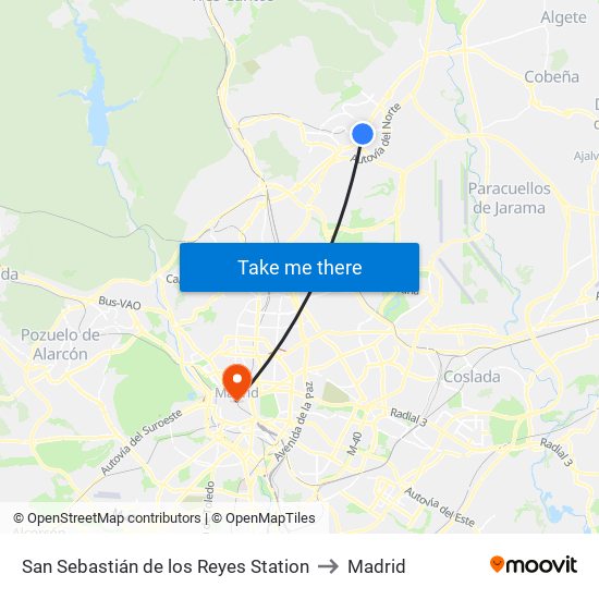 San Sebastián de los Reyes Station to Madrid map