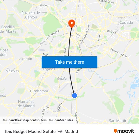 Ibis Budget Madrid Getafe to Madrid map