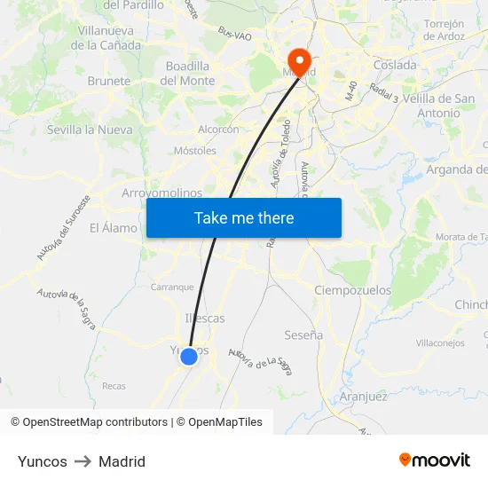 Yuncos to Madrid map
