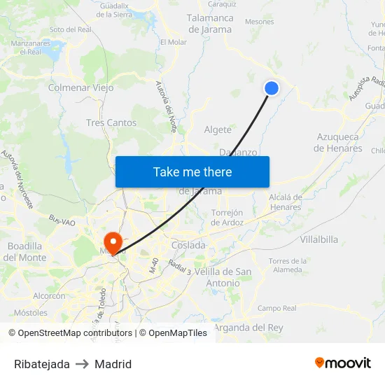 Ribatejada to Madrid map
