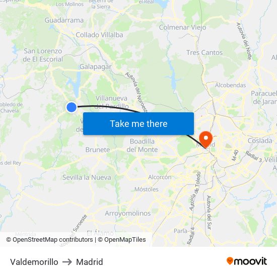 Valdemorillo to Madrid map