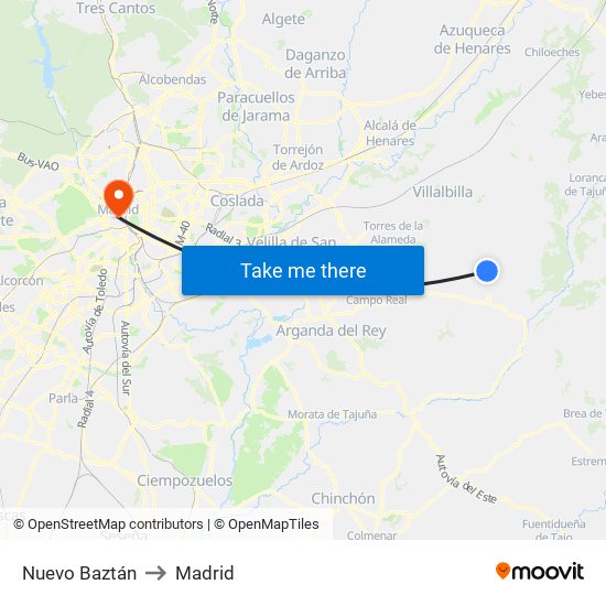 Nuevo Baztán to Madrid map