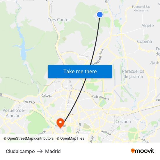 Ciudalcampo to Madrid map