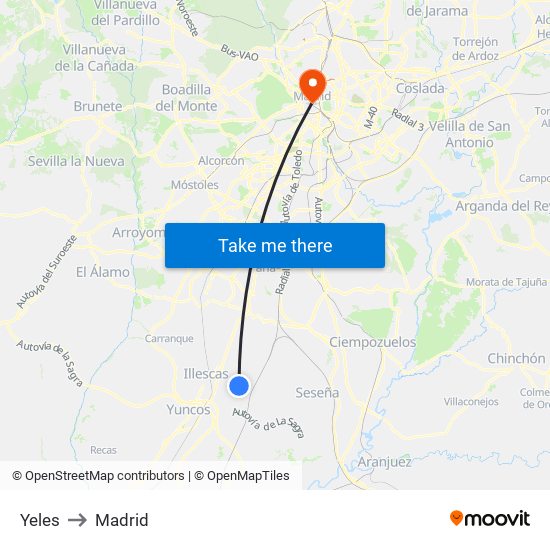 Yeles to Madrid map