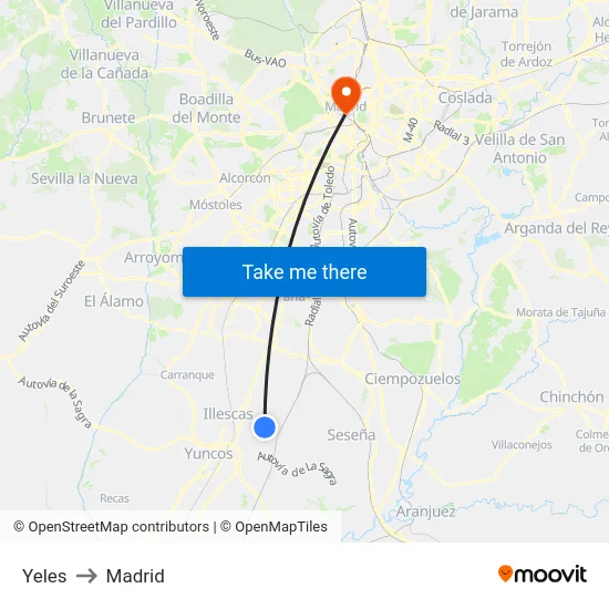 Yeles to Madrid map