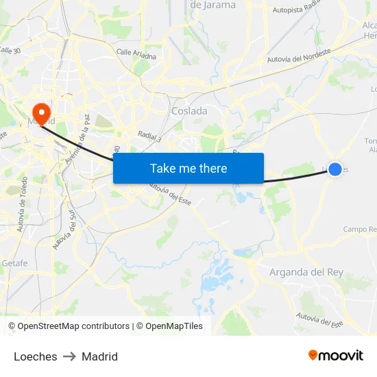 Loeches to Madrid map