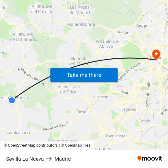 Sevilla La Nueva to Madrid map