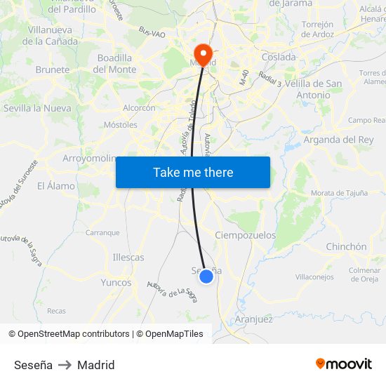 Seseña to Madrid map