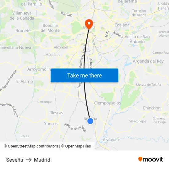 Seseña to Madrid map