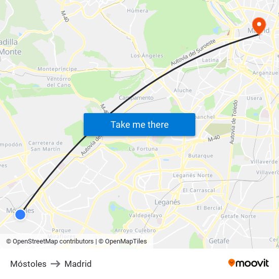 Móstoles to Madrid map
