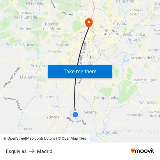 Esquivias to Madrid map