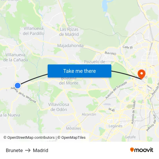 Brunete to Madrid map