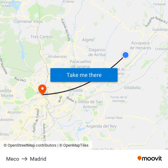 Meco to Madrid map