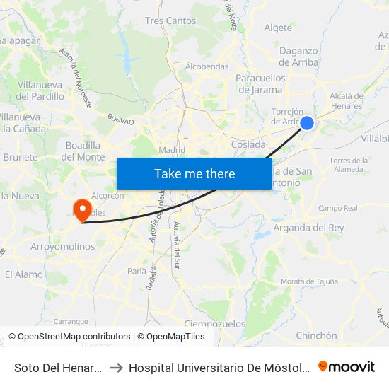 Soto Del Henares to Hospital Universitario De Móstoles. map