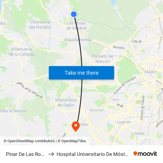 Pinar De Las Rozas to Hospital Universitario De Móstoles. map