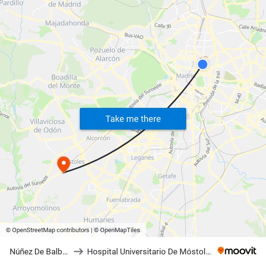 Núñez De Balboa to Hospital Universitario De Móstoles. map