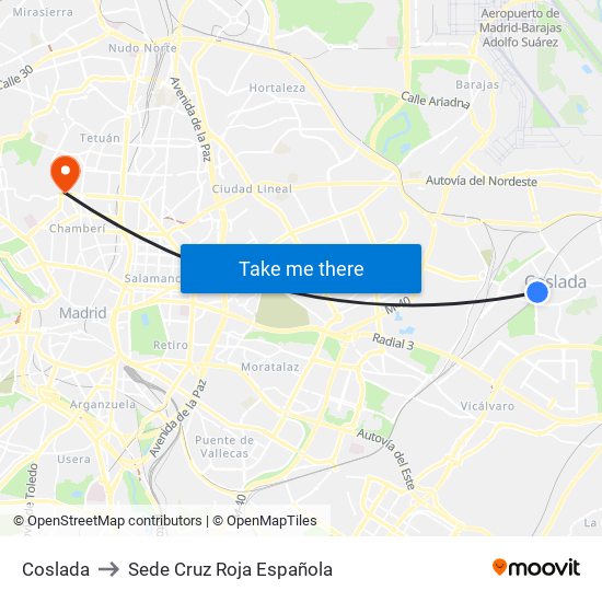 Coslada to Sede Cruz Roja Española map
