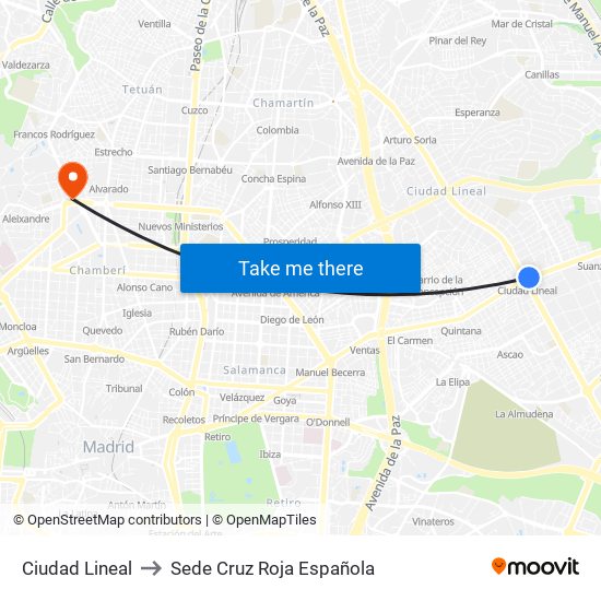 Ciudad Lineal to Sede Cruz Roja Española map