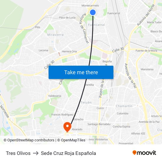 Tres Olivos to Sede Cruz Roja Española map
