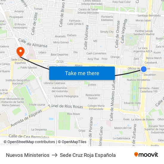 Nuevos Ministerios to Sede Cruz Roja Española map