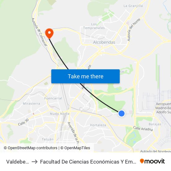 Valdebebas to Facultad De Ciencias Económicas Y Empresariales map