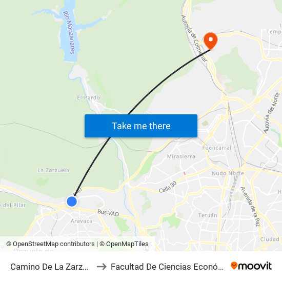 Camino De La Zarzuela - Valdemarín to Facultad De Ciencias Económicas Y Empresariales map