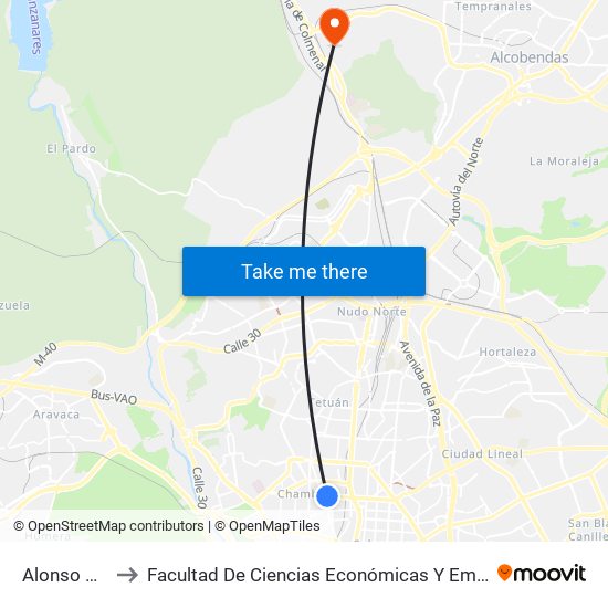 Alonso Cano to Facultad De Ciencias Económicas Y Empresariales map