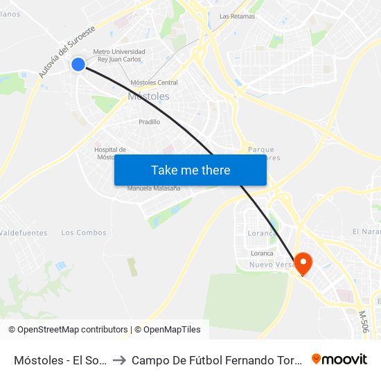 Móstoles - El Soto to Campo De Fútbol Fernando Torres map