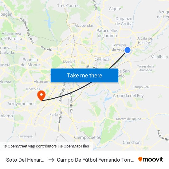 Soto Del Henares to Campo De Fútbol Fernando Torres map