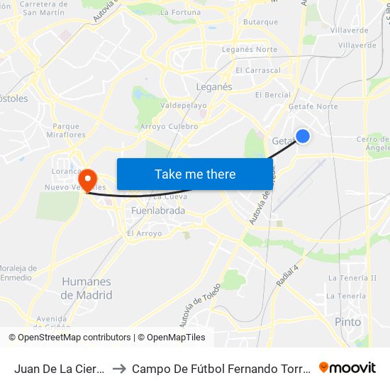 Juan De La Cierva to Campo De Fútbol Fernando Torres map