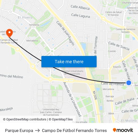 Parque Europa to Campo De Fútbol Fernando Torres map