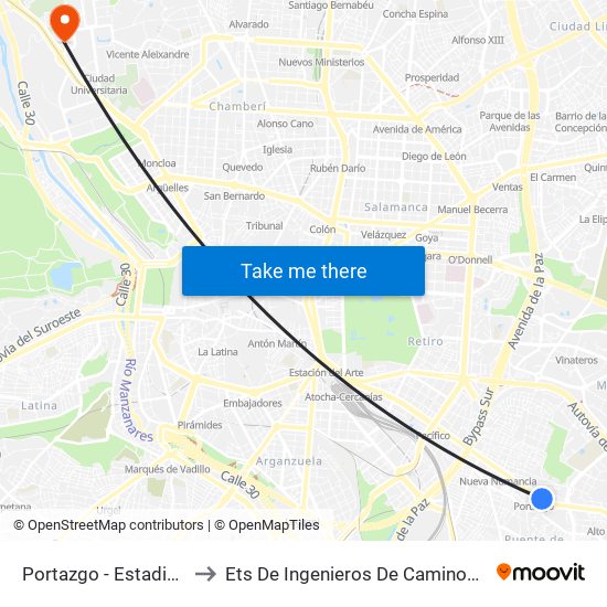 Portazgo - Estadio De Vallecas to Ets De Ingenieros De Caminos, Canales Y Puertos map