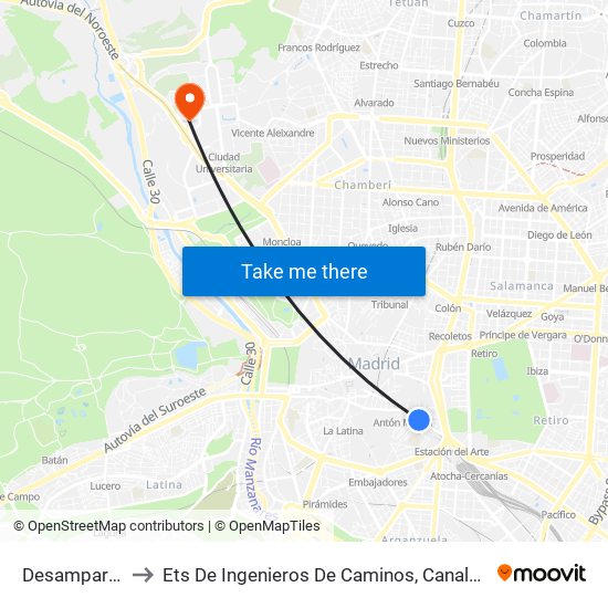 Desamparados to Ets De Ingenieros De Caminos, Canales Y Puertos map