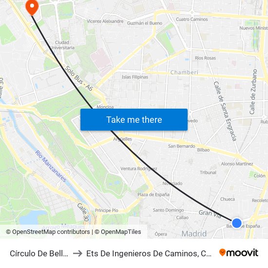 Círculo De Bellas Artes to Ets De Ingenieros De Caminos, Canales Y Puertos map